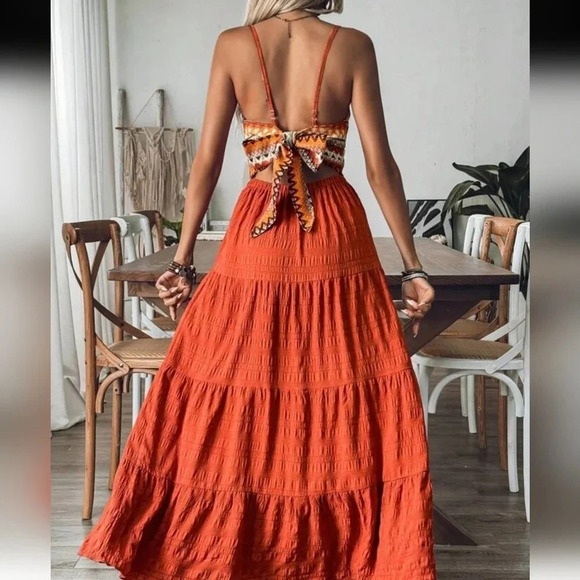 Women's Halterneck Tassel Rope Tie High Slit Backless Casual Holiday Dress - Picture 2 of 4